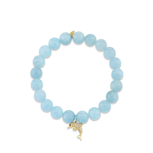 Gold & Diamond Dolphin Charm on Aquamarine