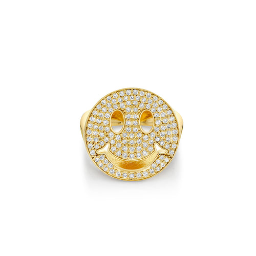 Gold & Diamond Large Happy Face Signet Ring