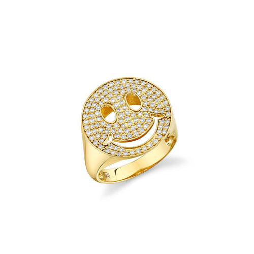 Gold & Diamond Large Happy Face Signet Ring