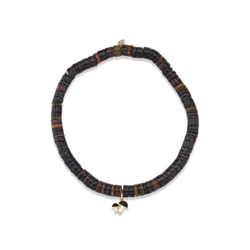 Men's Collection Gold & Enamel Tiny Mushroom on Dark Brown Heishi