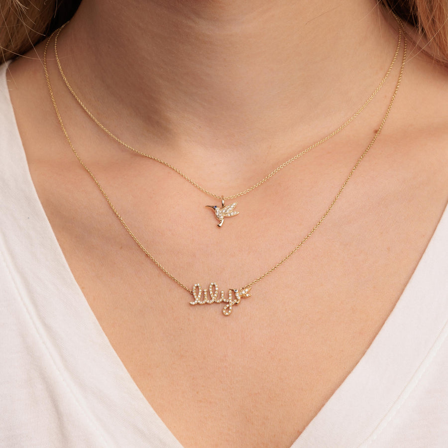 Gold & Diamond Small Custom Script Hummingbird Icon Necklace - Sydney Evan Fine Jewelry