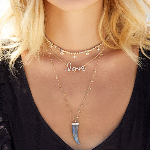 Gold & Diamond Multi Bezel Eye Charm Necklace on African Opal