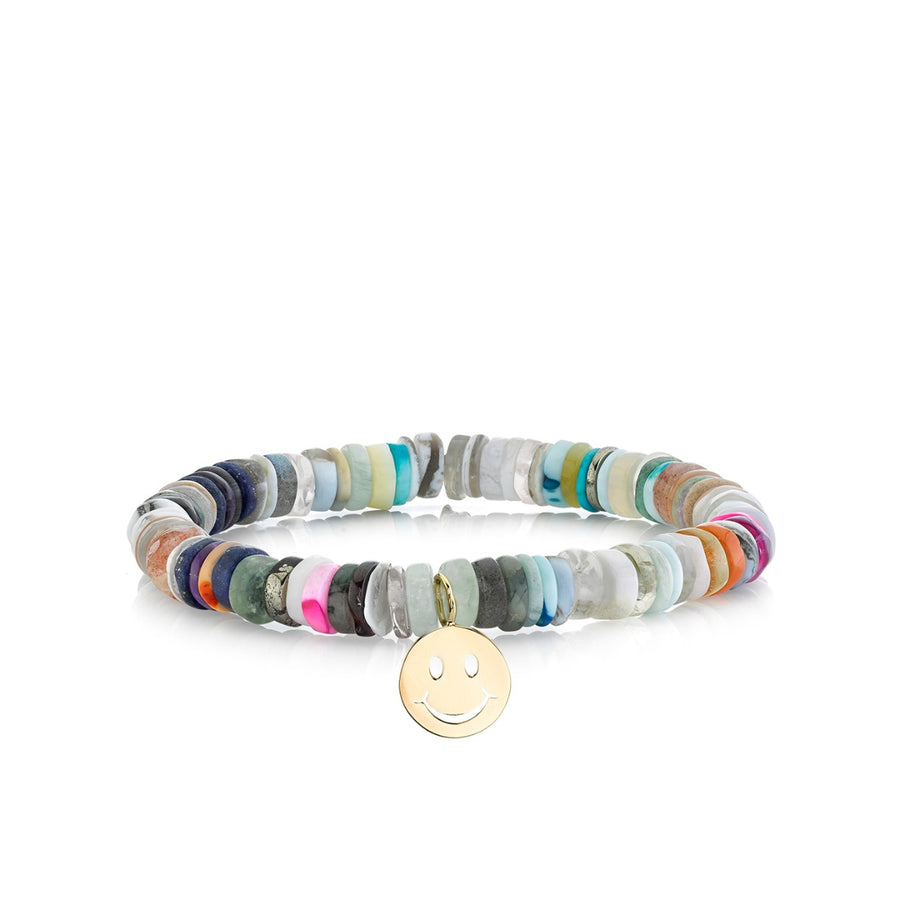 Pure Gold Small Happy Face on Rainbow Heishi - Sydney Evan Fine Jewelry