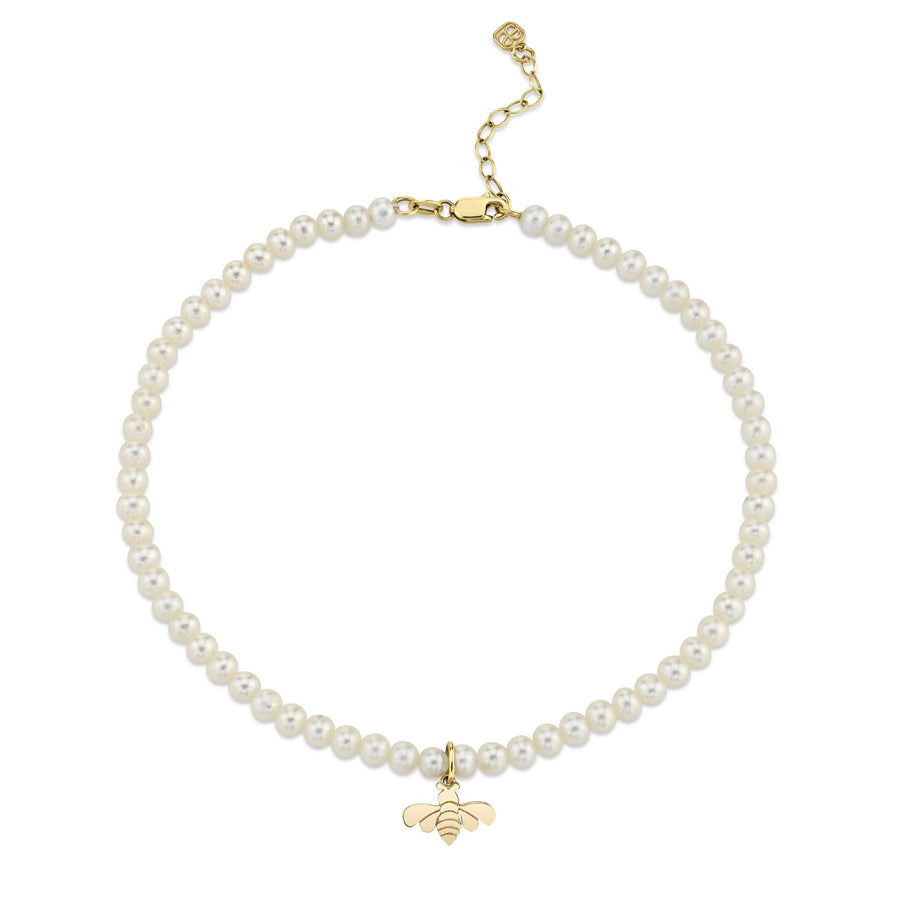 Pure Gold Tiny Bee Anklet on Fresh Water Pearls - Sydney Evan Fine Jewelry