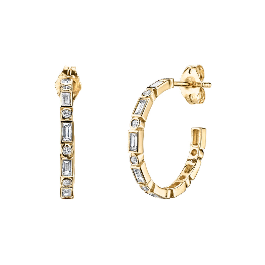 Gold & Diamond Baguette and Round Bezel Medium Hoops - Sydney Evan Fine Jewelry