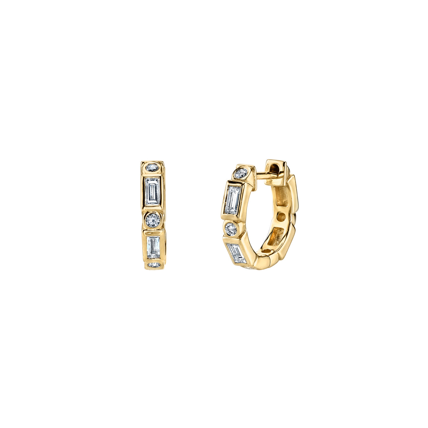 & Diamond Baguette Round Bezel Huggie Hoops