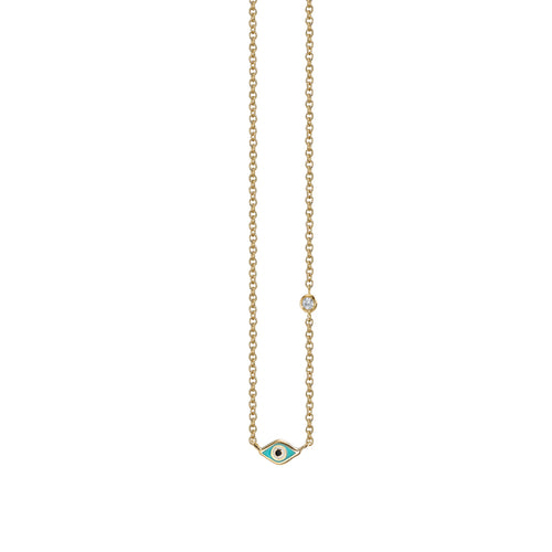 Gold & Turquoise Mini Enamel Eye Necklace with Diamond