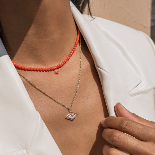 Gold & Diamond Small Enamel Red Bamboo Coral Necklace