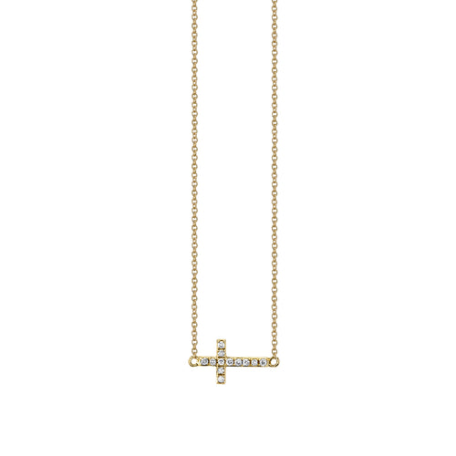 Gold & Pavé Diamond Small Sideways Cross Necklace