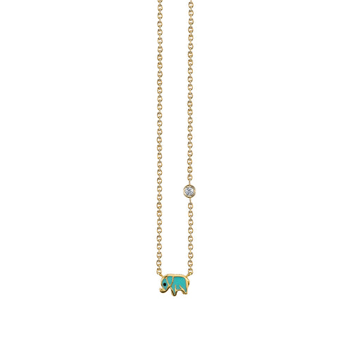 Gold & Turquoise Mini Enamel Elephant Necklace with Bezel Set Diamond