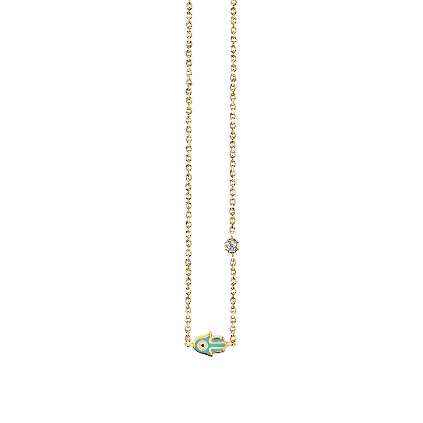Gold & Mini Enamel Hamsa Necklace Bezel Set Diamond
