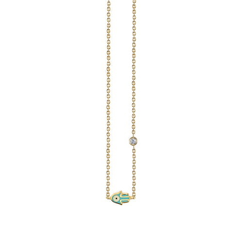 Gold & Turquoise Mini Enamel Hamsa Necklace with Bezel Set Diamond