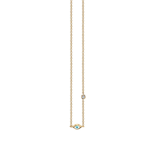 Gold Mini Enamel Eye Necklace with Bezel-Set Diamond